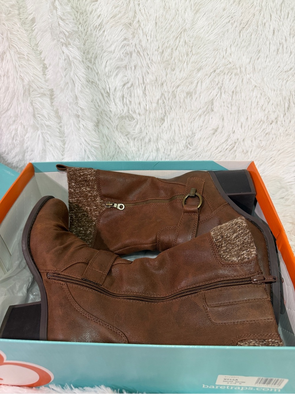 BareTraps Brown Mid-Calf Knit-Trim Heeled Boots
